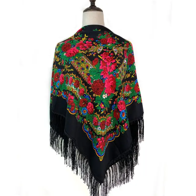Retro Russian Printed Shawl Fashionable Outerwear Scarf Black - Shop at LoveMi