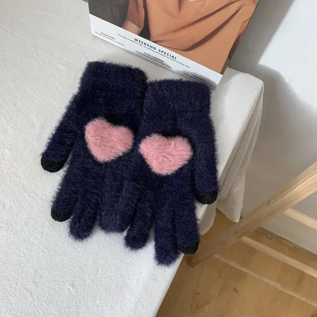 Winter Fingerless Knitted Gloves Touchscreen Warm Windproof Heart Navy - Shop at LoveMi