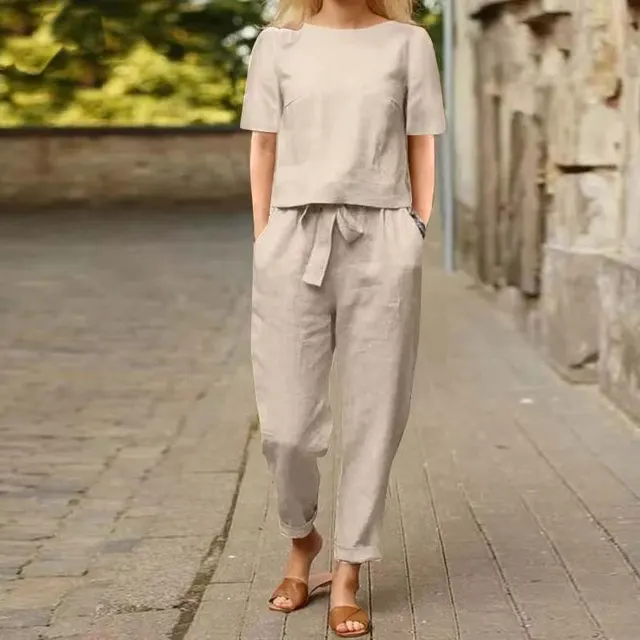 Women's Linen Cotton Summer Set Short Sleeve Vintage Set Khaki - Shop at LoveMi
