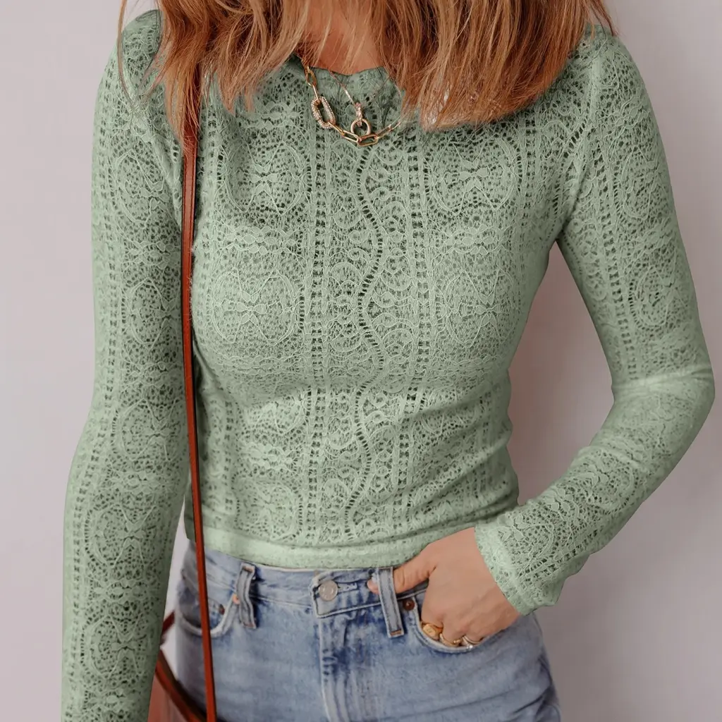 Women's Fashion Casual Long Sleeve Lace Knit Top - Green