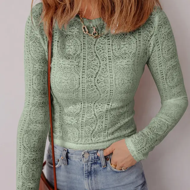 Women's Fashion Casual Long Sleeve Lace Knit Top Green - Shop at LoveMi