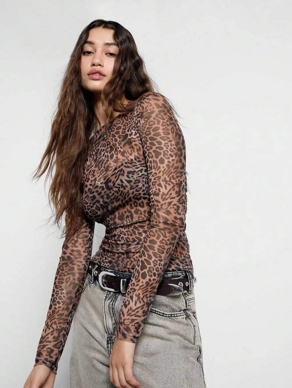 Fashion Mesh Round Neck Leopard Print Slim-fit Slimming Women's Top - Color