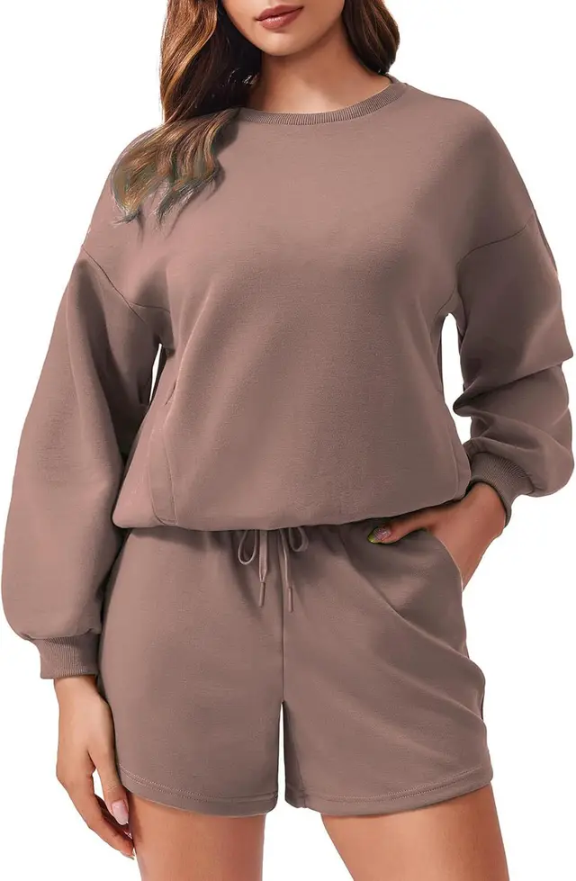 Women's Long sleeve And Shorts Casual Sportswear Set Camel - Shop at LoveMi