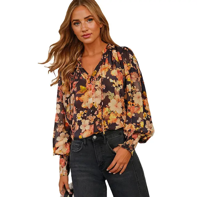 Women's Casual Versatile Printed V neck Long sleeved Shirt Brown - Shop at LoveMi