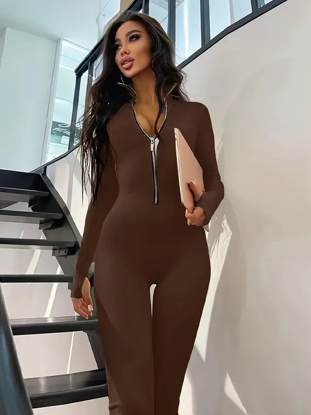 Women's Long Sleeve Jumpsuit With Long Metal Zipper For Autumn And Winter Dark Brown - Shop at LoveMi