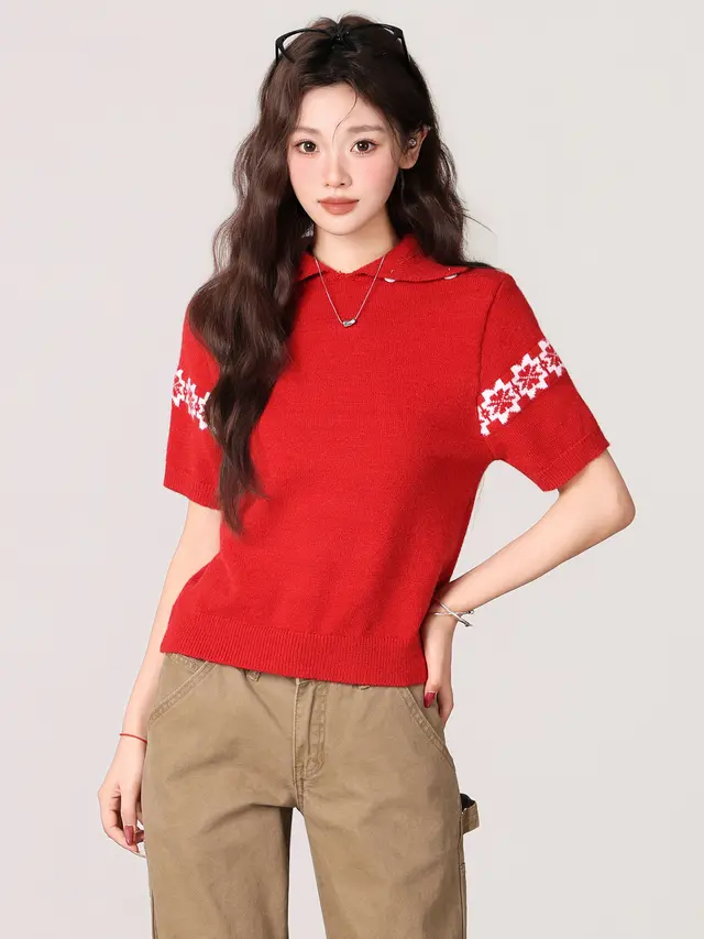 Retro Red Fair Isle Jacquard Pullover Women's Layered Slim fit Base Top Red - Shop at LoveMi