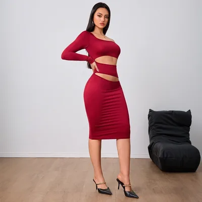 Women's Wine Red Socialite Style Dress New Autumnwinter Single sleeve Midi Dress Red - Shop at LoveMi