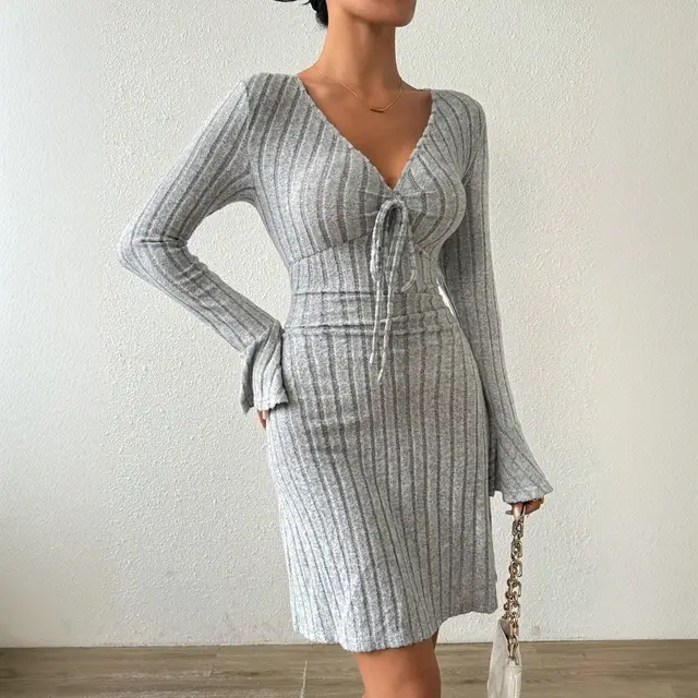 Women's Simple And Elegant Gray Dress With Flared Sleeves And Slim fit Short Skirt Gray - Shop at LoveMi