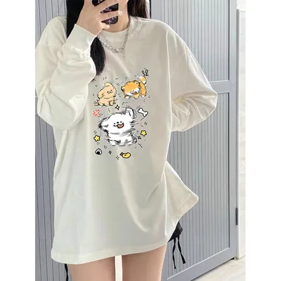 New Loose Niche Long sleeved Top For Spring And Autumn White Three Little Dogs - Shop at LoveMi