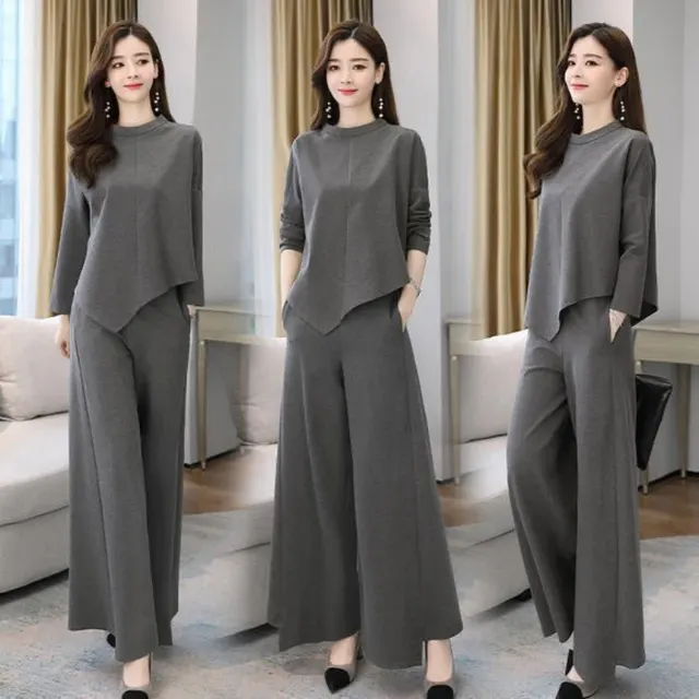 Spring And Autumn Wide leg Pants Set Casual Stylish Culottes Two piece Gray - Shop at LoveMi
