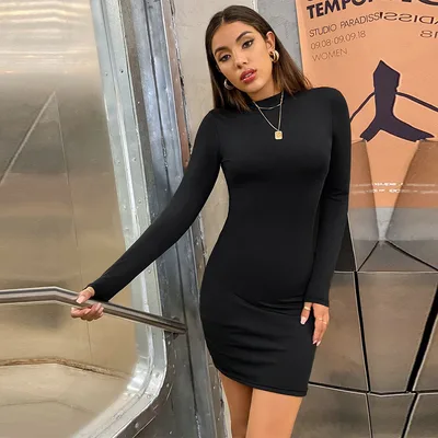 Elegant And Light Mature Style Women's Dress Autumn And Winter Semi high Collar High Waist Slim Fit Short Skirt Black - Shop at LoveMi