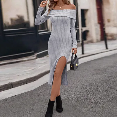 Elegant And Intellectual Women's Dress Autumn And Winter Slim And Slimming Mid length Slit Skirt Gray - Shop at LoveMi