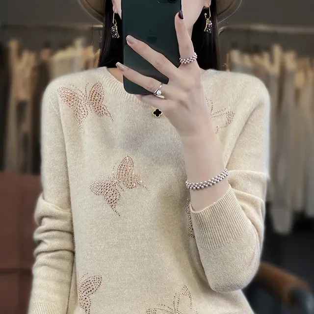 Round Neck Patterned Base Shirt For Women Light Beige Apricot - Shop at LoveMi