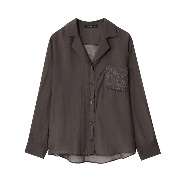 European And American Style Women's Fashion Versatile Embroidered Pocket Lapel Shirt Brown - Shop at LoveMi