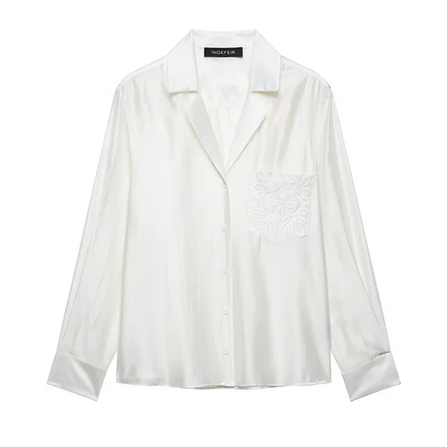 European And American Style Women's Fashion Versatile Embroidered Pocket Lapel Shirt White - Shop at LoveMi