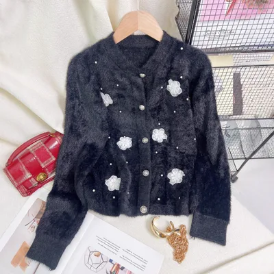 Women's Patchwork Floral Knit Cardigan Round Neck Warm Sweater Black - Shop at LoveMi