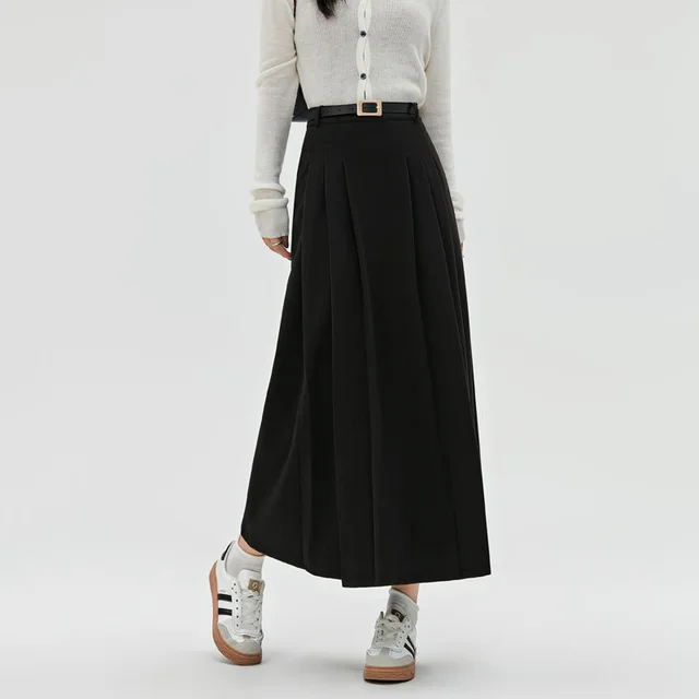 Autumn And Winter New Mid length High waisted Slimming A line Maxi Skirt With Drape Black - Shop at LoveMi