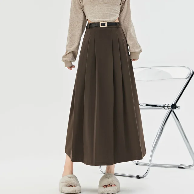 Autumn And Winter New Mid length High waisted Slimming A line Maxi Skirt With Drape Khaki - Shop at LoveMi