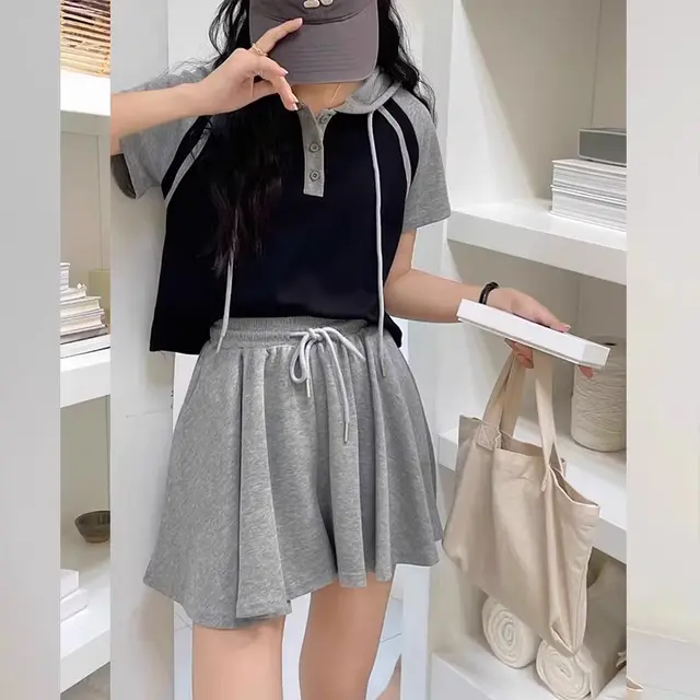 Double Zipper Hooded T shirt And Shorts Two piece Set Black - Shop at LoveMi
