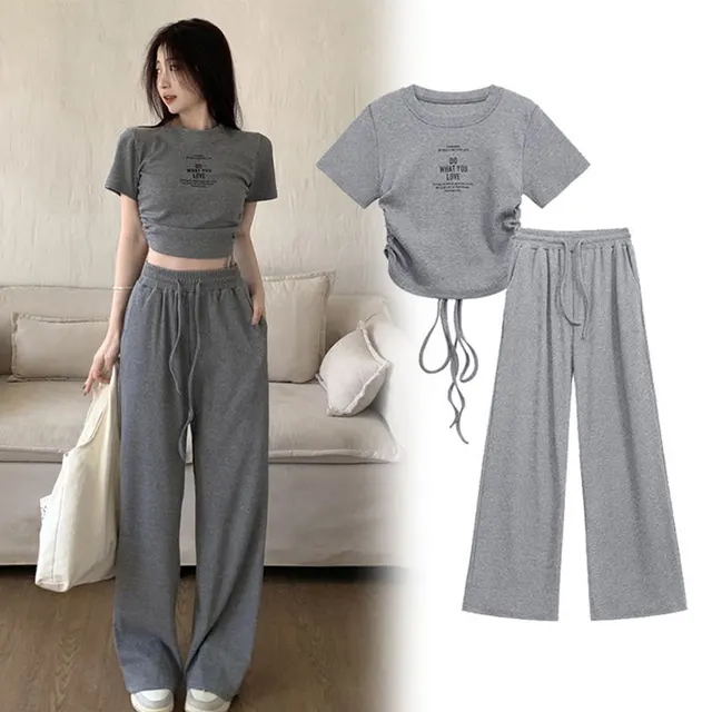 Top With Draped Wide leg Pants Two piece Set Gray - Shop at LoveMi