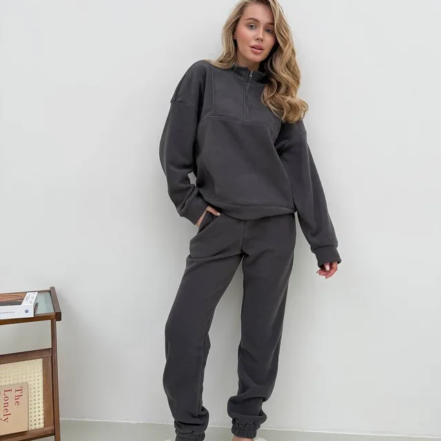Women's Solid Color Zip neck Pullover Sweatshirt With Elastic Pants Fleece Two piece Set Gray - Shop at LoveMi