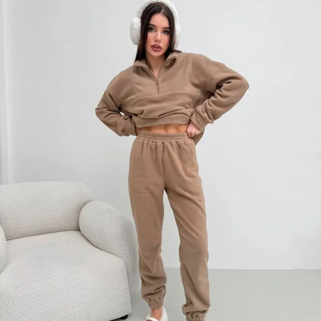 Women's Solid Color Zip neck Pullover Sweatshirt With Elastic Pants Fleece Two piece Set Khaki - Shop at LoveMi