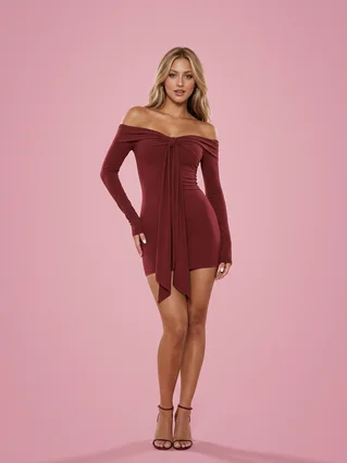 Autumn And Winter Pure Desire Sexy Style One-shoulder Bow Tie Inner Fitted Short Dress - Purplish Red