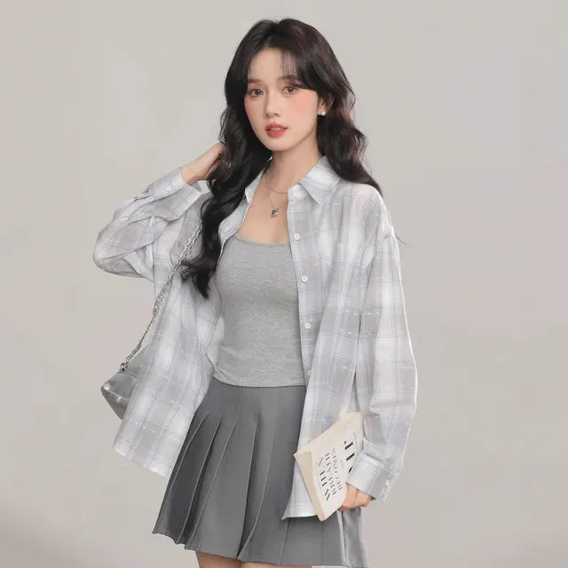 Women's Long Sleeve Loose Casual Plaid Shirt Light Gray - Shop at LoveMi
