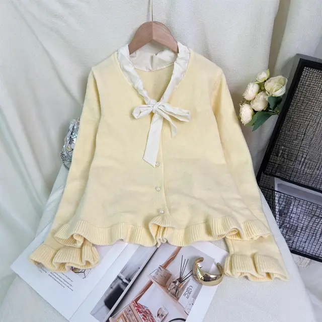 Women's Knit Cardigan Bow Tie Sweater Yellow - Shop at LoveMi