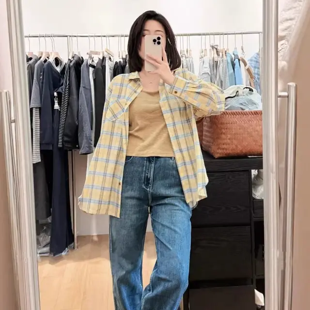 Women's Loose Casual Long Sleeve Plaid Shirt Yellow - Shop at LoveMi