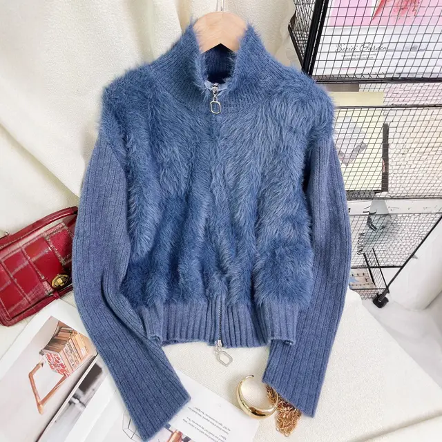 Women's Solid Color Stand Collar Faux Mink Sweater Navy Blue - Shop at LoveMi