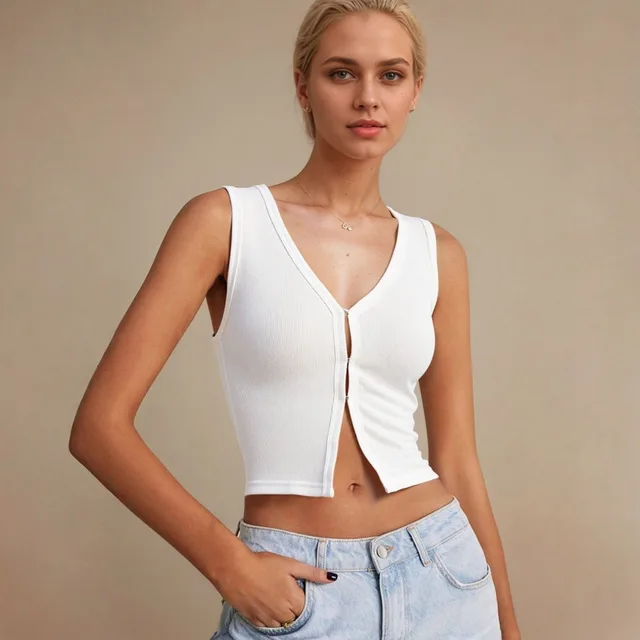 Simple V neck T shirt Summer Sleeveless Crop Top Beige - Shop at LoveMi