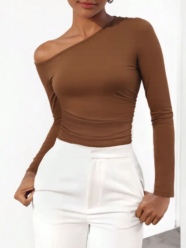 Autumn And Winter New Y2K Slim fitting Off shoulder Long sleeved Jumpsuit Dark Brown - Shop at LoveMi