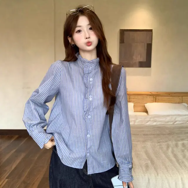 French Ruffled Blue Striped Women's Long Sleeve Shirt Blue - Shop at LoveMi