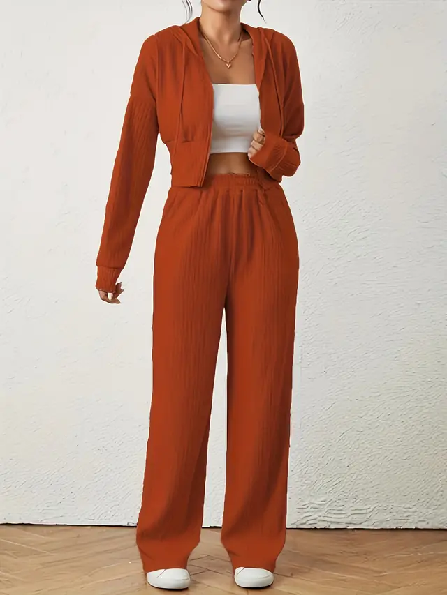 Women's Solid Color Top And Pants Set Brick Red - Shop at LoveMi