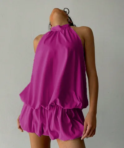 Women's Solid Color Halter Neck Off Shoulder Dress Purple - Shop at LoveMi