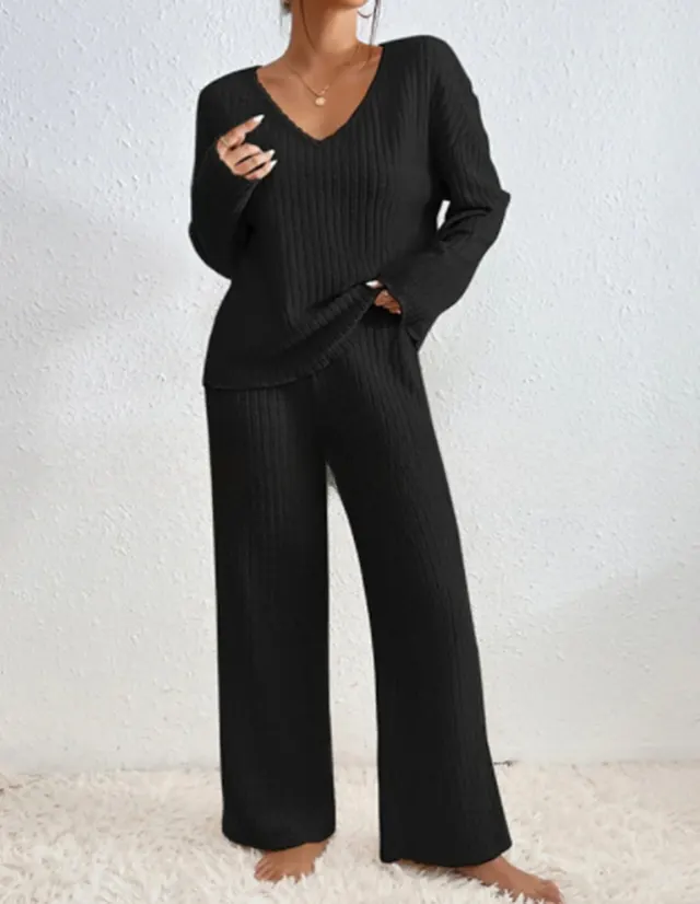 Casual Straight leg Pants With A Loose V neck Ribbed Knit Set Black - Shop at LoveMi