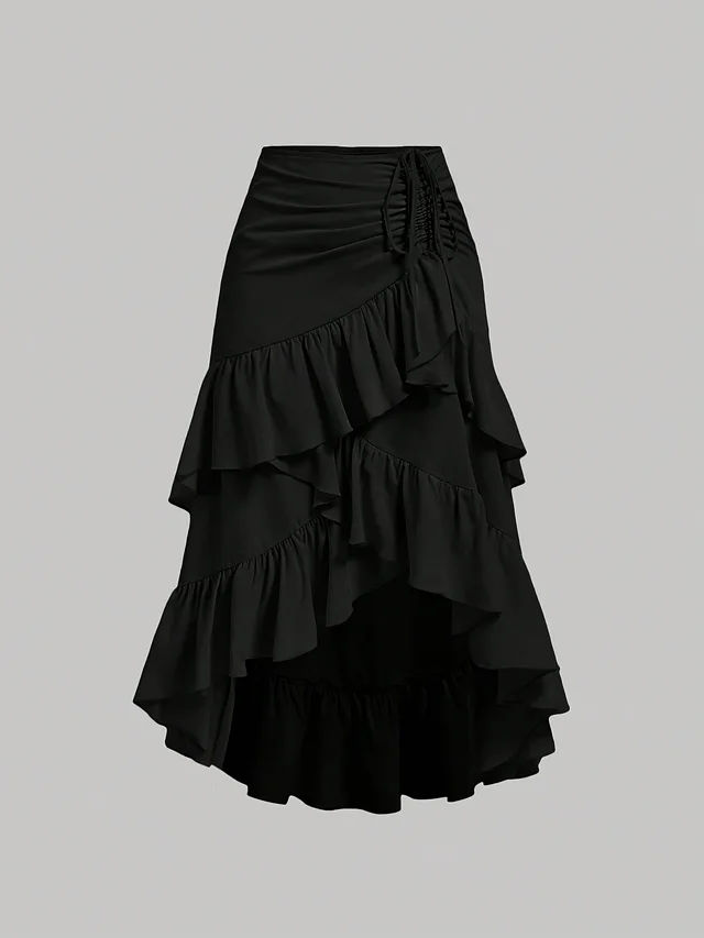 Sweet High waisted Slimming Ruffled Hem Skirt For Women Black - Shop at LoveMi