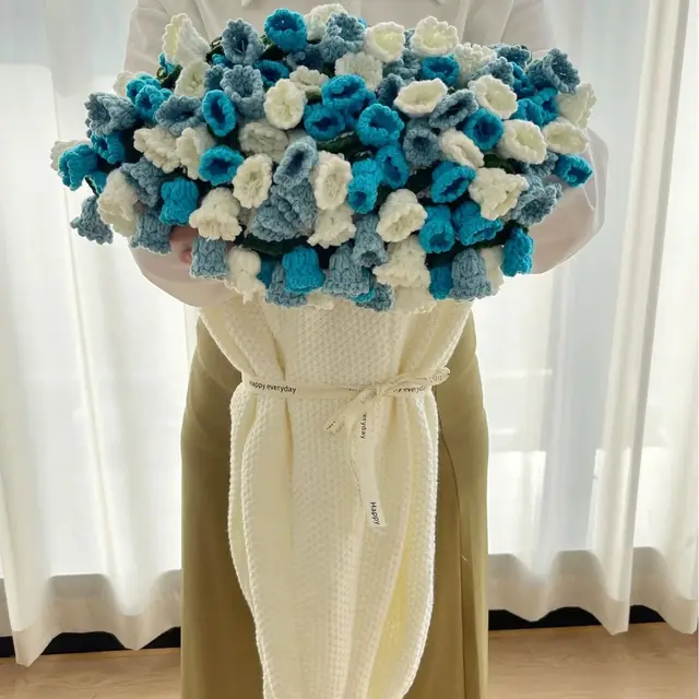 Rose Bouquet Blanket Handmade Nap Flower Blanket Gradient Blue Milky White - Shop at LoveMi
