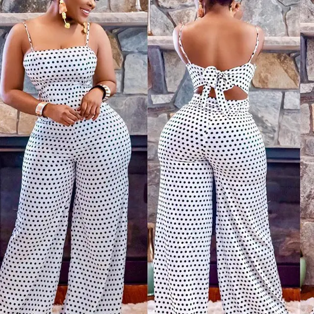 European And American Fashion Women's Dotted Print Wrap around Halter Jumpsuit White - Shop at LoveMi