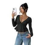 Retro Polka Dot V-neck Waist-cropped Long Sleeve T-shirt - Black
