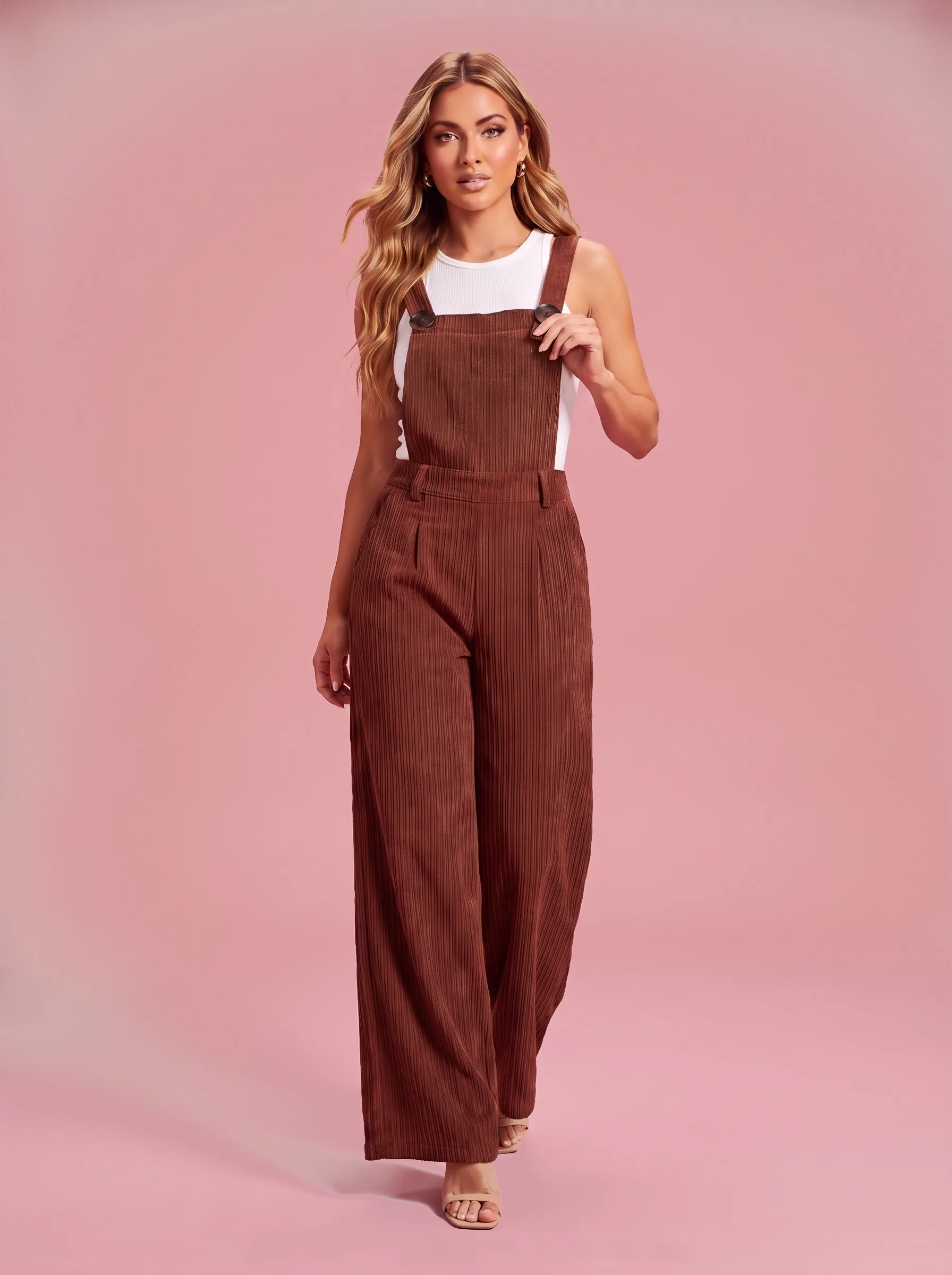 Wide-Leg Brown Overalls in Soft Corduroy - Brown
