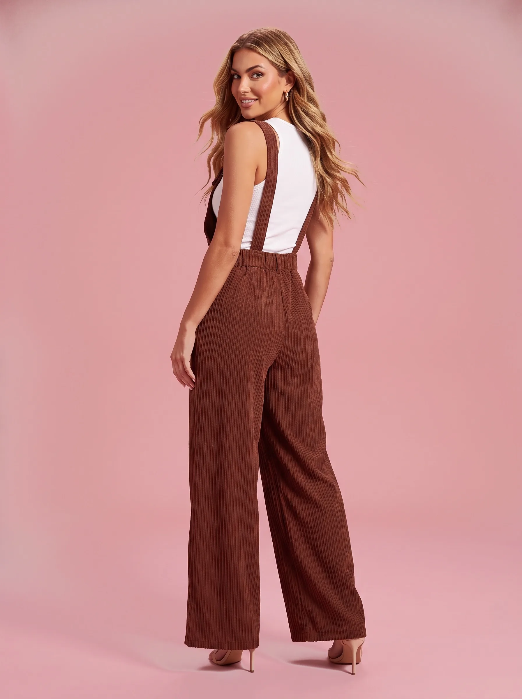Wide-Leg Brown Overalls in Soft Corduroy - Brown - View 3