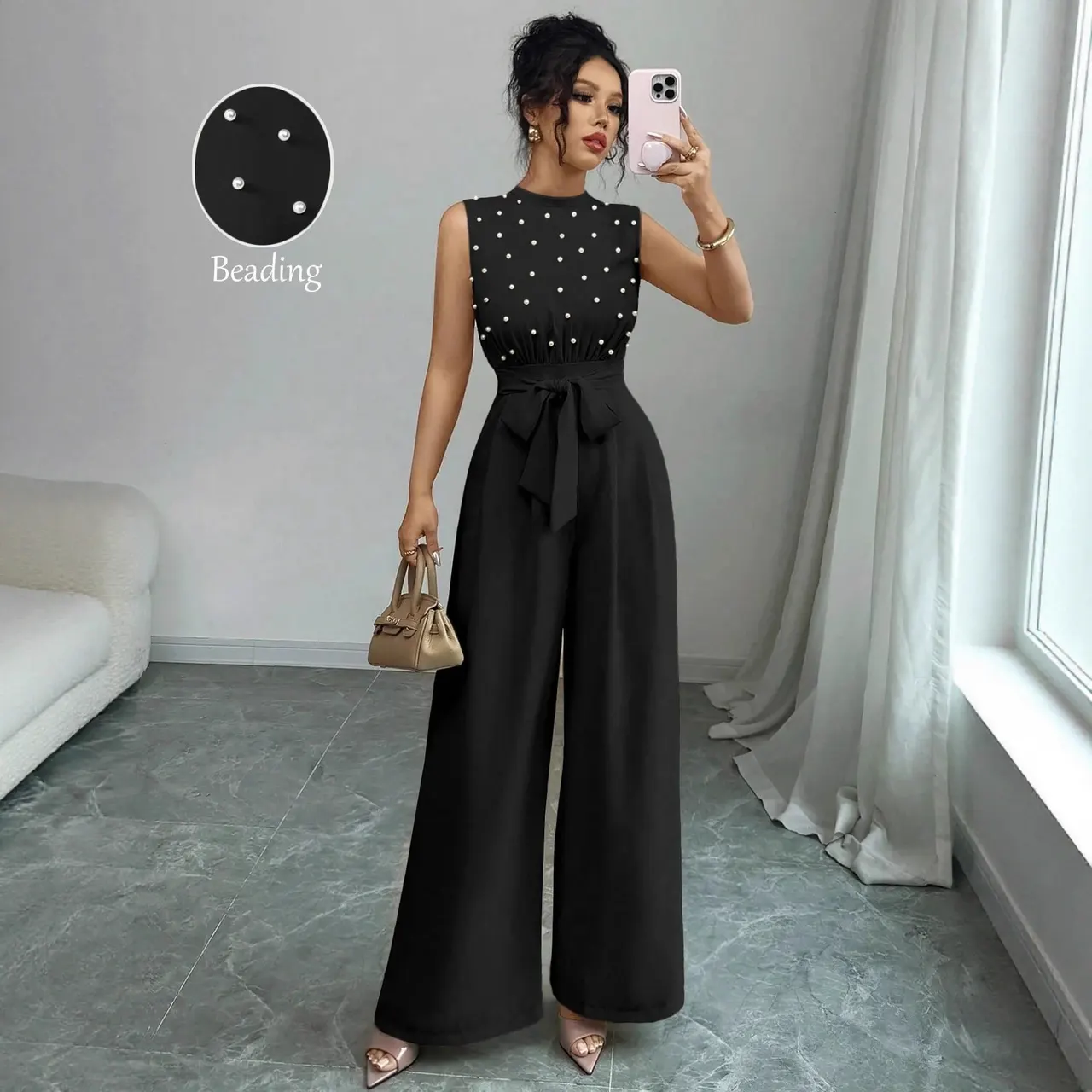 Black Polka Dot Sleeveless Wide-leg Jumpsuit With Round Neck - Black