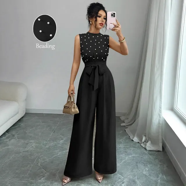 Black Polka Dot Sleeveless Wide leg Jumpsuit With Round Neck Black - Shop at LoveMi