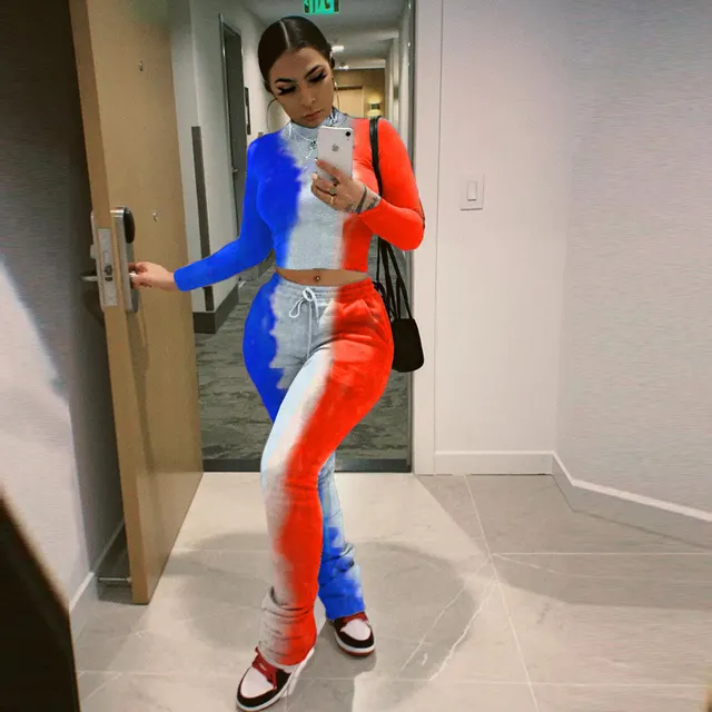 Tie dye Printed Pleated Pants Sportswear Set Blue And Red - Shop at LoveMi