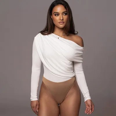 Off the shoulder Diagonal Neckline Fitted Long sleeve Ruffled Bodysuit White - Shop at LoveMi
