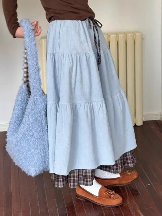 Niche Patchwork Fake Two piece Plaid Cake Maxi Dress Blue - Shop at LoveMi