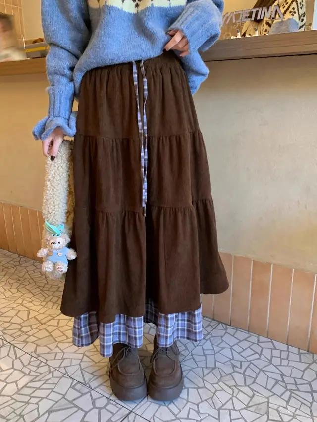 Niche Patchwork Fake Two piece Plaid Cake Maxi Dress Brown - Shop at LoveMi