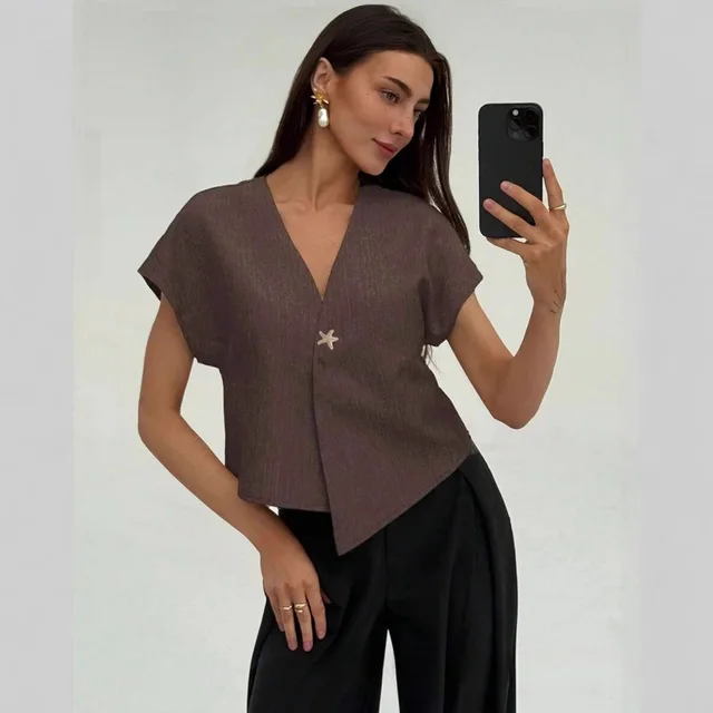 Wide shoulder Waist cinching Irregular Hem V neck Slimming Sleeved Top Brown - Shop at LoveMi